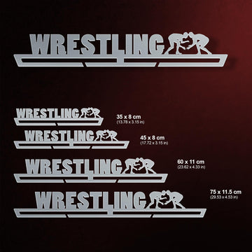 Wrestling Medal Hanger shown in all available sizes with dimensions
